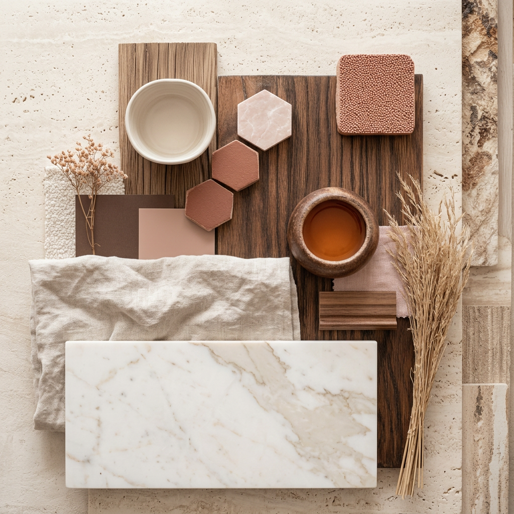 Materialenbord met warme, natuurlijke tinten en texturen